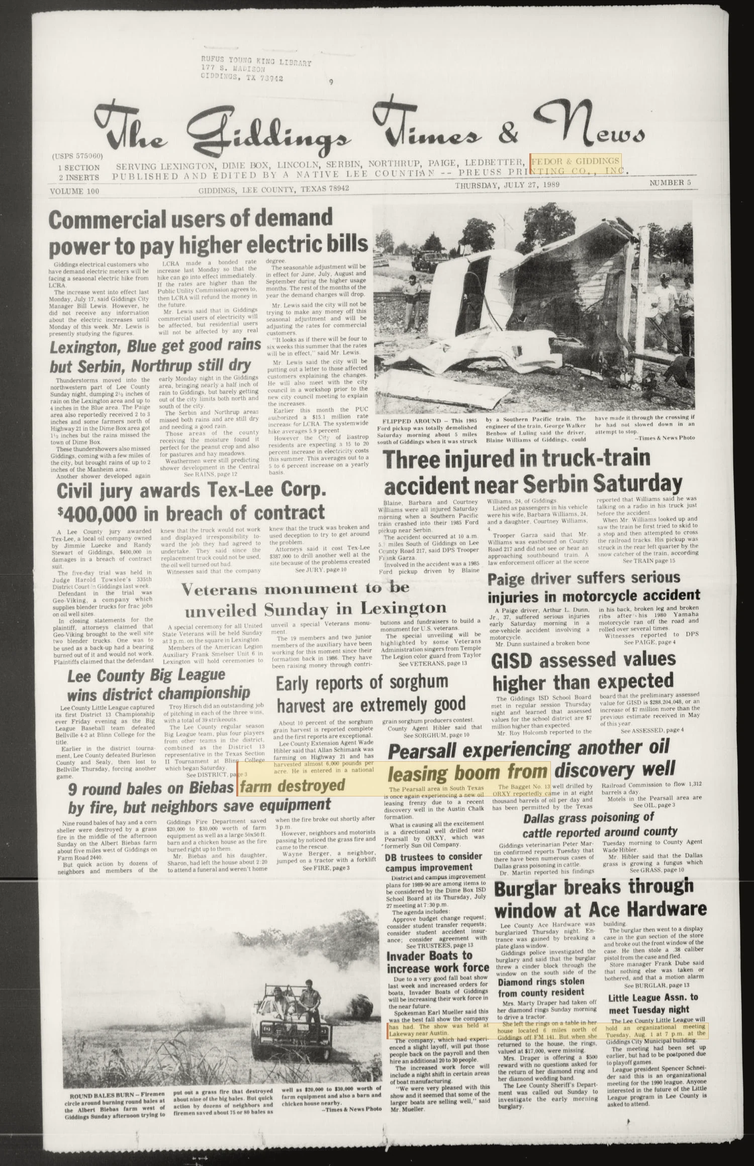 The Giddings Times & News (Giddings, Tex.), Vol. 100, No. 5, Ed. 1 Thursday, July 27, 1989